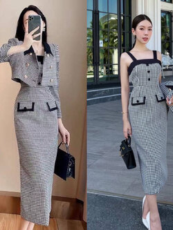 kudapy เซ็ทเดรส+เสื้อครอปสั้น งานหรู ด้านหน้าแต่งกระดุม 3 เม็ดเพิ่มความน่ารัก แต่งกระเป๋าหลอกซ้าย ขวา ซิปหลัง