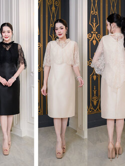 kudapy เดรสผ้าไหมอัดกาวทั้้งชุด าลูกไม้ฝรั่งเศสคอกลมเย็บแต่งจีบรอบคอได้ลุคหรูหรา ลูกไม้ปล่อยทิ้งตัวเป็นงานคลุมไหล่ด้านหน้าสั้นด้านหลังยาวถึงช่วงเอว