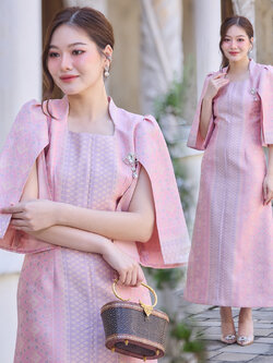 kudapy ชุดออกงานผ้าไหม ชุดเดรส นางพญาลายแพรวา ชุดออกงาน ทำงาน ปาตี้ งานเลี้ยง สีชมพู