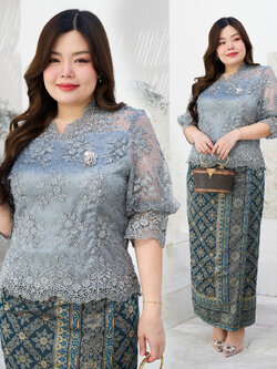 kudapy เซ็ท เสื้อลูกไม้ใยบวบสีม่วง+ผ้าถุงผ้าฝ้ายทอลายบุพเพสันนิวาสสำเร็จรูปอัดกาวอย่างดี