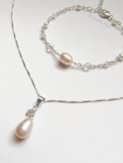 Setสร้อยคอเงินจี้ไข่มุกแท้กับหินโรสควอตซ์ Pearl&Rose Quartz