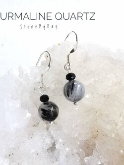 ต่างหูเงินหินไหมดำ (Black Tourmaline Quartz)