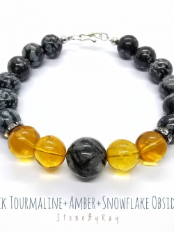 สร้อยข้อมืออำพันแท้ร้อยกับหินไหมดำและหินสโนว์เฟล็กออปซิเดียน