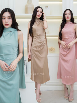 kudapy เดรสยาวแขนกุด มาพร้อมผ้าคลุมไหล่สวยเก๋ ชุดไปงานแต่งงาน ชุดออกงาน ชุดเพื่อนเจ้าสาว ผ้าเครปซาติน