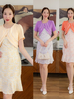 kudapy เดรสสั้นสีส้ม/สีม่วง/สครีม ทำงานท่อนบนสีพื้น กระโปรงลายดอกแต่งชายระบาย