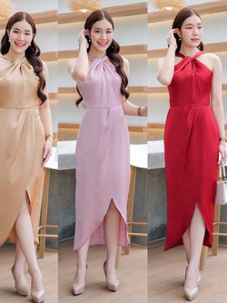 kudapy เดรสยาวชมพูกลีบบัว/สีแดง/สีน้ำตาล คล้องคอ+โบว์เพชร กระโปรงทรงทิวลิป มีซับกระโปรงสั้นด้านใน