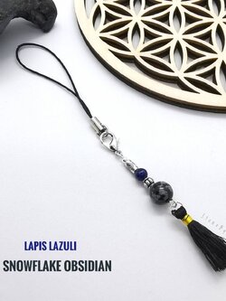 สายคล้องโทรศัพท์หินสโนว์เฟล็กออปซิเดียน+ลาพิสลาซูลี Snowflake Obsidian