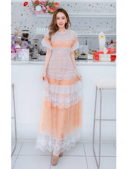 kudapy เดรสยาวสีส้ม อลัง งานดาราเซเล็ป ดีเทลตัดแต่งลูกไม้