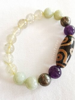 สร้อยข้อมือหินไหมทอง,อเมทิสต์,หยก,ไพไรต์ร้อยกับหินทิเบตลาย6ตา