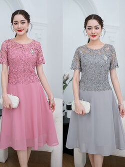 kudapy เดรสราตรีสั้นสีเทา/สีชมพูกลีบบัว ด้านบนเป็นดีไซน์เสื้อลูกไม้แขนสั้น กระโปรงผ้าชิฟฟ่อนพริ้วสวย ทรงบานสวิง