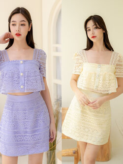 kudapy ชุด Set เสื้อ Crop กระโปรงสั้นสไตล์เกาหลีเกาใจ ดีเทลงานผ้าปักแขนระบายงานซิปหลัง