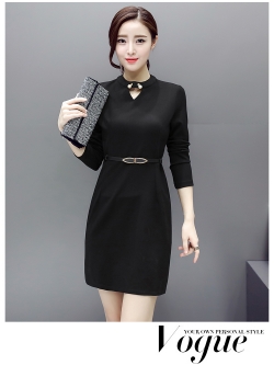 kudapy เดรสทำงานสีดำปิดคอมีมุกประดับ ผ้าไนล่อน เนื้อหนาแขนยาว