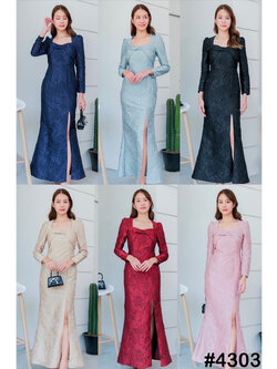 kudapy เดรสยาวสีดำ/สีแดง/สีชมพู/สีทอง/สีฟ้า/สีกรม คอเหลี่ยม ดีไซส์ทวิสอกแขนยาว กระโปรงทรงหางปลา ซิบหลังเนื้อผ้าทอลายนูน