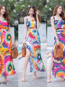 kudapy Set เสื้อสายเดี่ยวจั๊มเอว+กระโปรงผ่าข้าง ลายมัดย้อม ชุดเที่ยวทะเล