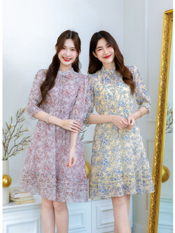 kudapy เดรสชีฟองลายดอก สวยพริ้ว ดีเทลชุดสวย มีลูกเล่นช่วงชายกระโปรง เย็บแต่งจับจีบสามเลเยอร์