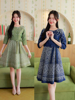 kudapy เดรสสั้น ผ้าไทยแขนยาวศอกเอวแต่งโบว์