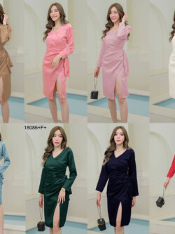 kudapy เดรสแขนยาวสีพื้น แต่งจีบ ผ่าหน้า ชุดออกงาน ชุดเพื่อนเจ้าสาว เดรสงานแต่ง ใส่ไปเที่ยวสวยดูดี