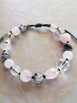 สร้อยข้อมือเชือกถักหินโรสควอตซ์,หินไหมดำ,หินคริสตัลควอตซ์