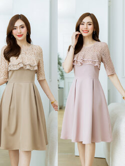 kudapy เดรสสั้นสีชมพูกะปิ/สีน้ำตาล อกลูกไม้ระบายสองชั้นกุ้นขอบ ตัดต่อผ้าพื้นกระโปรงทวิส สวยหวานเรียบร้อ