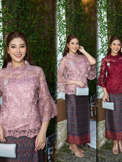 kudapy ชุดไทยประยุกต์ เสื้อลูกไม้+ผ้าถุงทอลายซิปหลัง มีซับทั้งตัว(สีแดง,สีชมพูกะปิ)