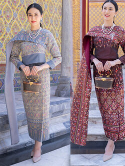 kudapy ชุดผ้าไหมทอลายสีแดง สีเทา ชุดออกงาน ไปวัด ทำบุญ - รุ่นละอองดาว แต่งสไบ