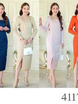 kudapy เดรสสั้นสีชมพู/สีทอง/สีกรม/สีส้ม คอเหลี่ยมแต่งอกโค้ง แขนยาว กระโปรงทรงสอบ ผ้าโพลีเอสเตอร์