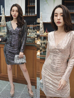 kudapy เดรสสั้นชุดไปงานปาร์ตี้สีดำ/สีชมพูโรสโกลด์ ผ้ายืดฝังกริสเตอร์ คอวี