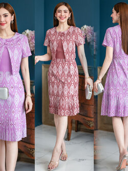 kudapy เดรสผ้าโพลีเอสเตอร์ งานพิมพ์ลาย กั๊กแต่งกระดุม ส่วนกระโปรงอัดพลีทเป็นจีบ ทรงสวย