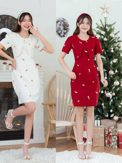 kudapy เดรสสั้นสีแดง/สีขาว/สีชมพู เสื้อคลุมผ้าปักดอก