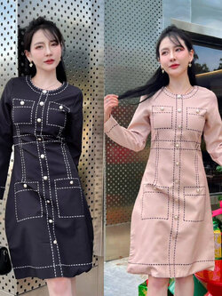 kudapy เดรสสูทอัดซัปสีดำ/สีน้ำตาล ลายเส้นกราฟฟิค แต่งกระดุมมุกหน้า หลังซิป ใส่เที่ยว