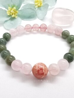 สร้อยข้อมือหยก+สตอเบอรี่ควอตซ์+โรโดโครไซต์+โรสควอตซ์