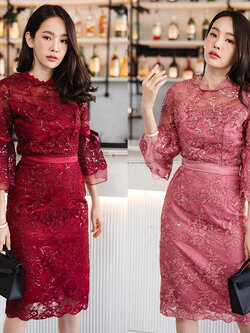 kudapy ชุดไทยประยุกต์ ชุดไปงานบวชสีชมพู/สีแดง เซตเสื้อลูกไม้