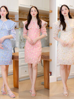 kudapy เดรสสั้นสีชมพู/สีครีม/สีฟ้า ผ้าปักดอกคอปกพื้นผูกคอ