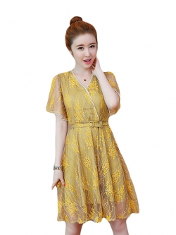 ชุดเดรสผ้าลูกไม้สีเหลือง ผ้าลูกไม้เนื้อดี