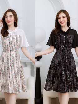 kudapy เดรสสั้นสีดำ/สีครีม แขนระบายชีฟอง ช่วงตัวผ้าลายเป็นผ้าไหมอิตาลี่ ดีเทลจับจีบรอบคอแต่งโบว์ ผ้าลายดอกเป็นลาย