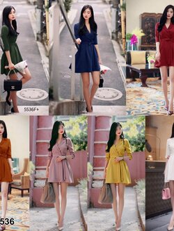 kudapy เดสรคอปกผูกโบว์ เดรสคอปก แขนยาว 5 ส่วน สีพื้นเรียบ เนื้อผ้าซาร่า มีเชือกผูกโบว์ที่เอว ชายกระโปรงผ่าหน้าเย็บติดกัน