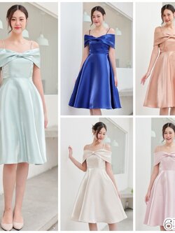 kudapy เดรสสั้นเปิดบ่า โบว์อก กระโปรงบาน เอวสูงความยาวปิดเข่า