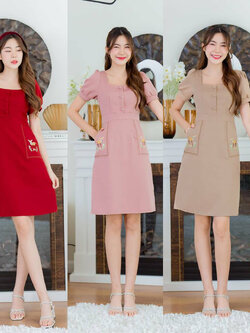 kudapy เดรสสั้นสีน้ำตาล/สีแดง/สีชมพู ผ้าพื้นกระเป๋ากวาง ใส่สบายสวยดูดี