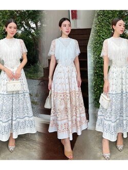 kudapy เซตเสื้อลูกไม้สีขาวแต่งระบาย+กระโปรงยาวลายไทย สีครีมน้ำตาล,สีเทาฟ้า