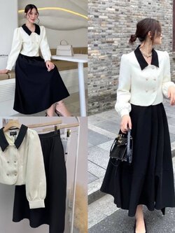 kudapy เซ็ทเสื้อครอปสีครีมแต่งปกสีดำ+กระโปรงยาวจับจีบใหญ่เอวสูงทรงเข้ารูป