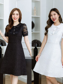 kudapy เดรสสั้นสีขาว/สีดำ คอปกผ้าแจ็คกาด สวยหรูดูดีแนะนำเลยค่ะ ชุดนี้ดีเทลสวยมาก เป็นคอปกแต่งลูกไม้รอบขอบปก