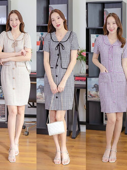 kudapy เดรสสั้นสีน้ำตาล สีดำ สีม่วง ผ้าลายชิโนริ คอบัว ดีเทลมาพร้อมเชือกผูกโบว์ แต่งกระดุม แบบน่ารัก