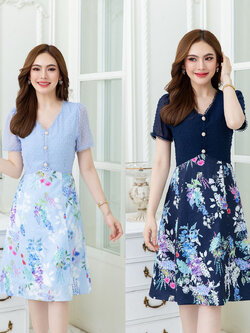 kudapy เดรสสั้นสีฟ้า/สีกรม ผ้าชีฟองเทคเจอร์ตัดต่อกระโปรงลายดอก สวยหวานลงตัว มีดีเทลแต่งกระดุมช่วงอก แต่งลูกไม้รอบคอ