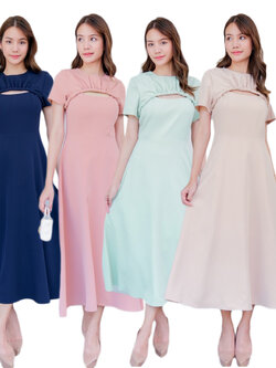 kudapy Midi dress คอกลม แขนสั้น จีบเกลียวอก คัตติ้ง เอวสูง กระโปรงบาน