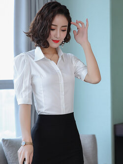 kudapy เสื้อเชิ้ตทำงานสีขาวคอปก แขนสั้นจับจีบไหล่พอง