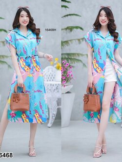 kudapy เดรสยาวคลุมเข่า ไปทะเล เดรสไปทะเลผ่าหน้า ผ่าข้าง ปกเชิ้ตแขนเบิ้ล