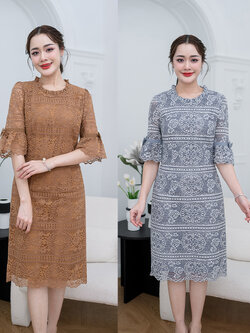 kudapy เดรสสั้นสีน้ำตาล/สีเทา ลูกไม้ตัวสวย ผ้านิ่ม ช่วงปลายแขนระบายรอบแขนแต่งโบว์ ผ้าไม่บางมีซับในทั้งชุด แต่งซิปหลัง