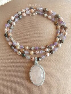 สร้อยคอหินโรโดโครไซต์กับจี้หินโรสควอตซ์ Rose Quartz