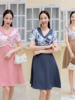 kudapy เดรสสั้นคอวีสีชมพู/สีเทา/สีน้ำตาล แขนสั้น เดรสทรงบานแต่งเสื้อลาย ติดโบว์ 2 ชิ้น S M L XL