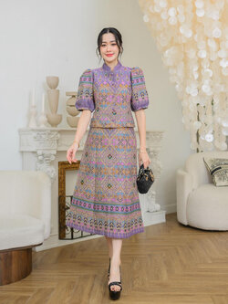 kudapy เซ็ทผ้าฝ้ายทอลายกาฬสินธุ์สีม่วง คอจีน กระดุมหน้า มาพร้อมกับกระโปรงทรงเอสุภาพ